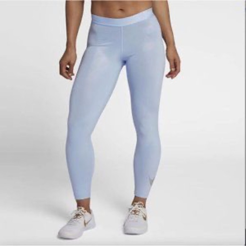 Nike Pro light blue metallic tights 7/8 length.